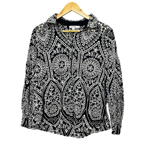 Chicos Tops - CHICO'S Eyelet Billow Long Sleeve Shirt Navy White Embroidery Women Size 3(16)